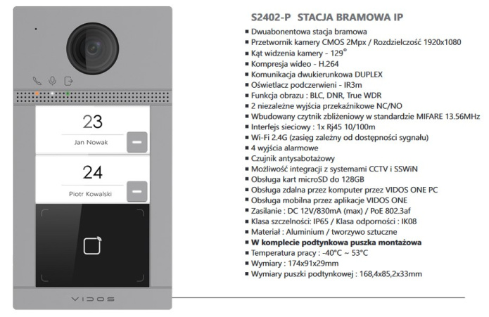 Stacja wideodomofonu IP Vidos S2402-P - wersja podtynkowa